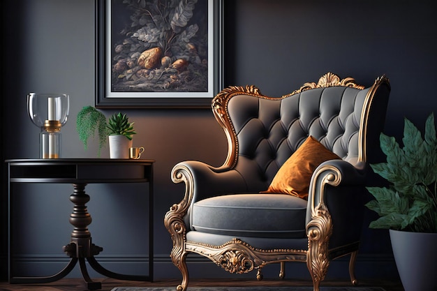 Foto pintura llamativa del sillón gris sofisticado cerca de la pared prístina
