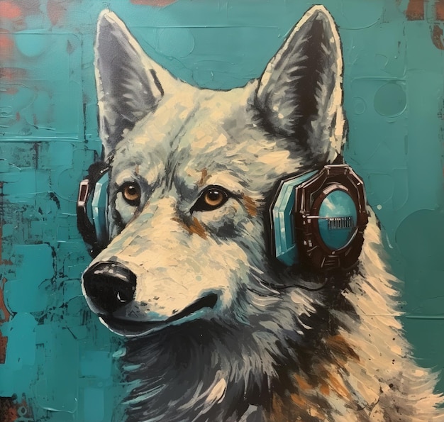 Una pintura de un lobo con auriculares.