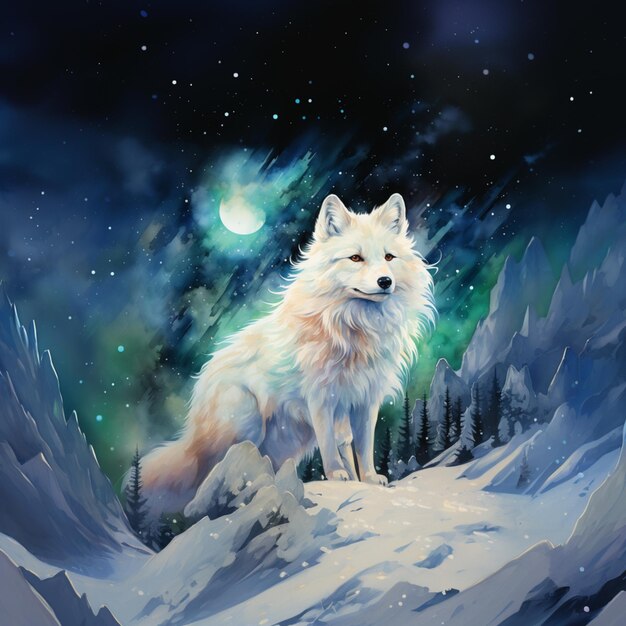 pintura de un lobo blanco de pie en una colina nevada con una luna llena en el fondo generativo ai