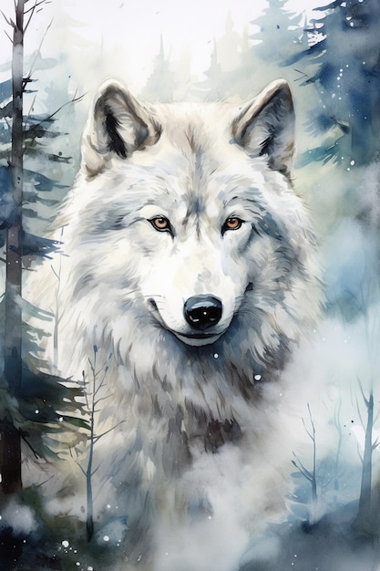 pintura de un lobo en el bosque con un fondo nevado generativo ai