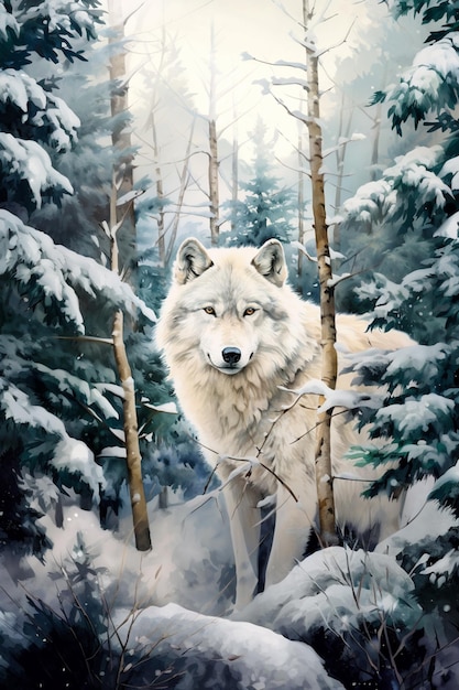 pintura de un lobo en un bosque nevado con árboles y nieve generativa ai