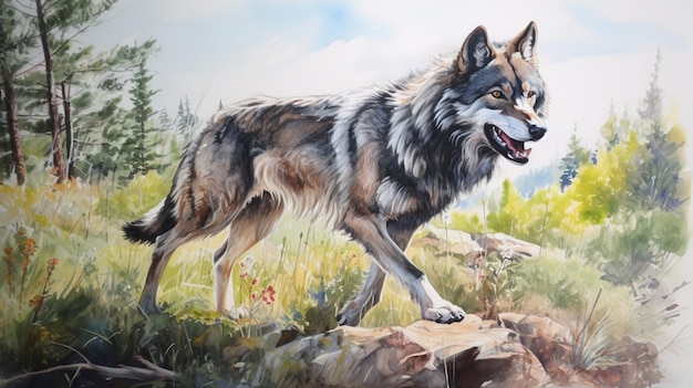 pintura de un lobo caminando sobre una roca en un campo generativo ai