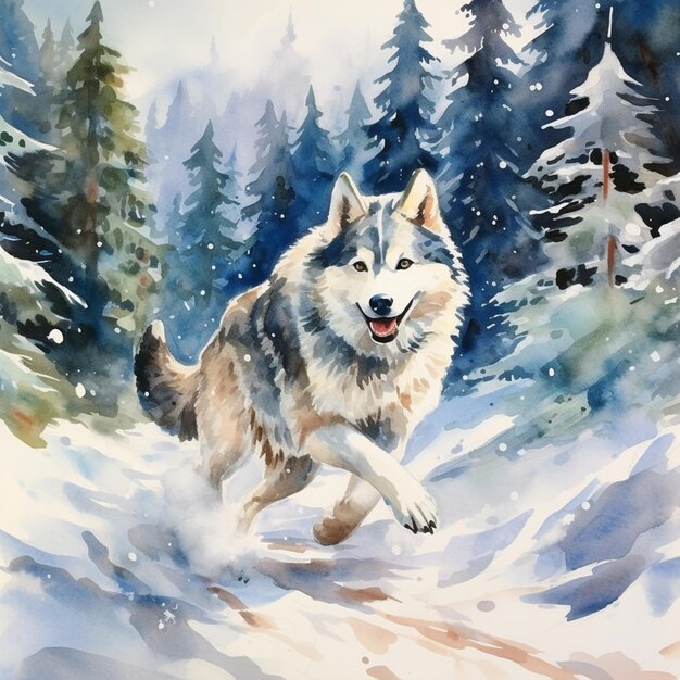 pintura de un lobo corriendo a través de la nieve en un bosque generativo ai