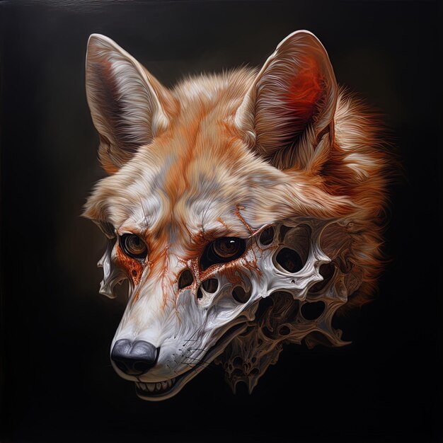 una pintura de un lobo con un cráneo y ojos