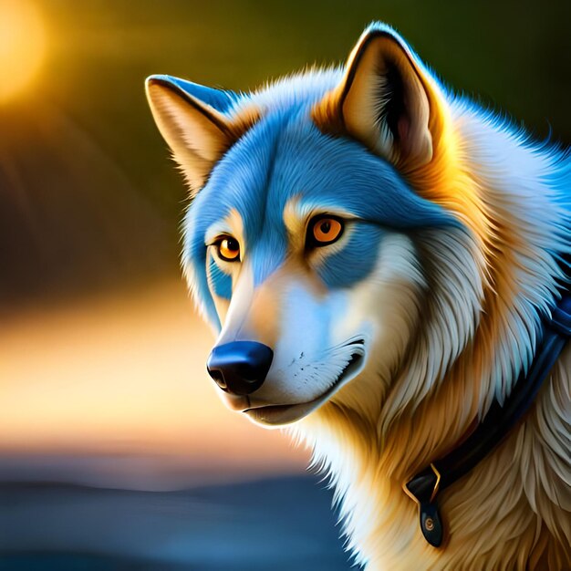 Una pintura de un lobo con cuello azul y ojos amarillos.