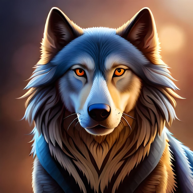 Una pintura de un lobo con cuello azul y ojos azules.