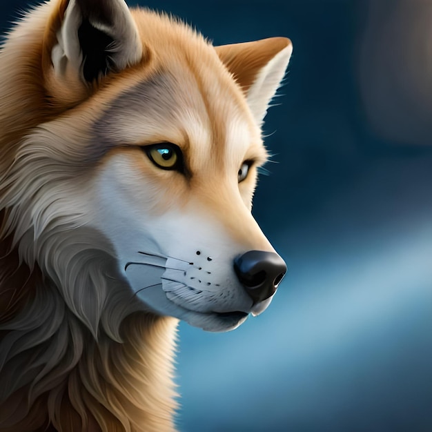 Una pintura de un lobo con un fondo azul.