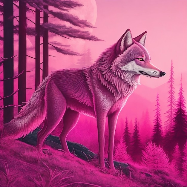 una pintura de un lobo con un fondo rosa con árboles en el fondo