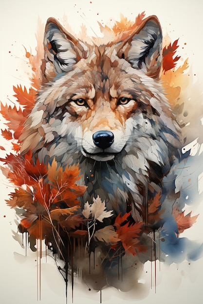 pintura de un lobo con hojas de otoño en la cabeza ai generativo