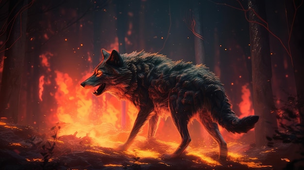 Una pintura de un lobo y un incendio forestal generativo ai.