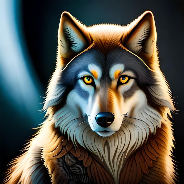 Una pintura de un lobo con ojos amarillos y un fondo azul.