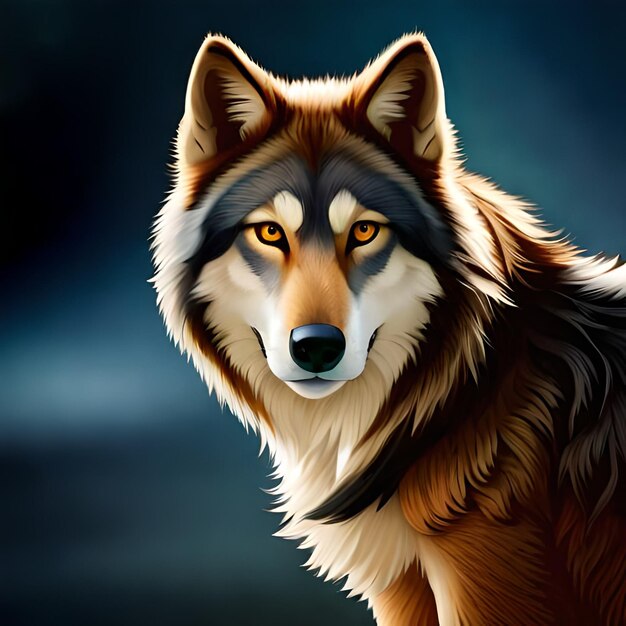 Una pintura de un lobo con ojos amarillos y un fondo azul.