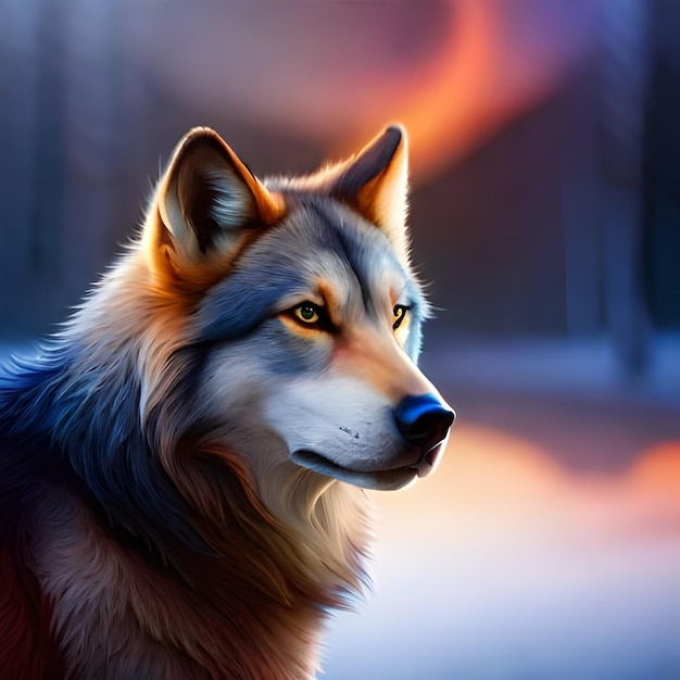 Una pintura de un lobo con pelaje azul y negro.