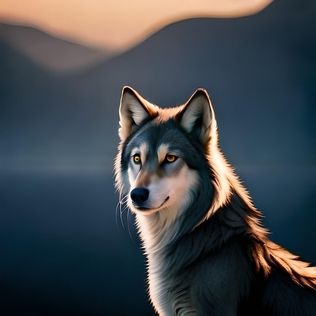 Una pintura de un lobo con el sol brillando en su rostro.