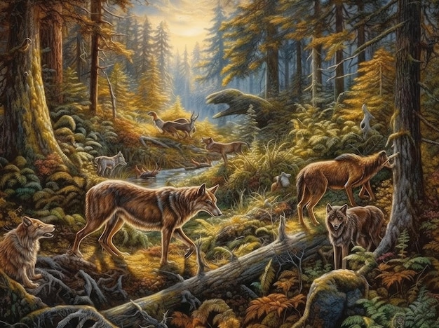 Una pintura de lobos en un bosque con un río al fondo.