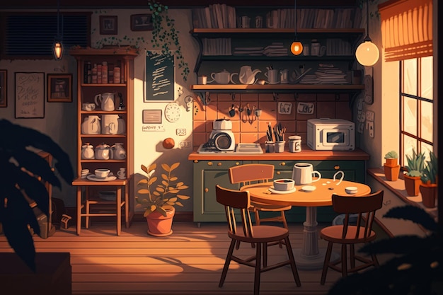 Una pintura lofi de una cocina con una mesa y sillas y un microondas.