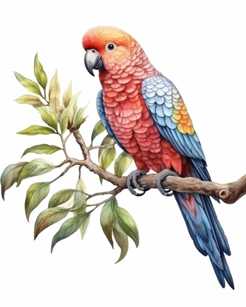 Pintura de un loro colorido posado en una rama de un árbol generativo ai