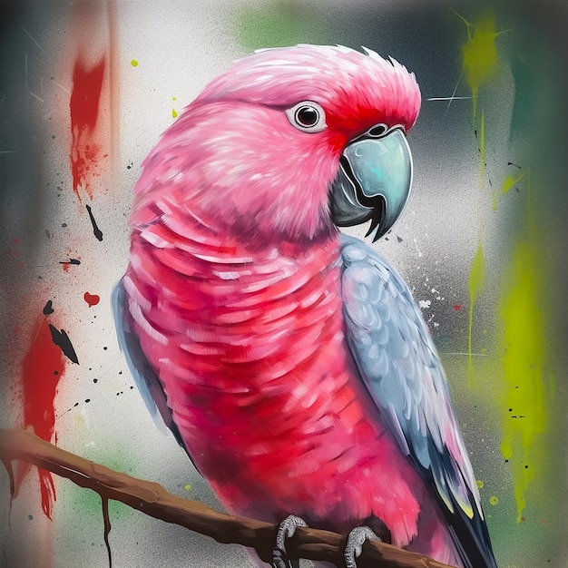 Una pintura de un loro con un pico azul y una pluma roja.