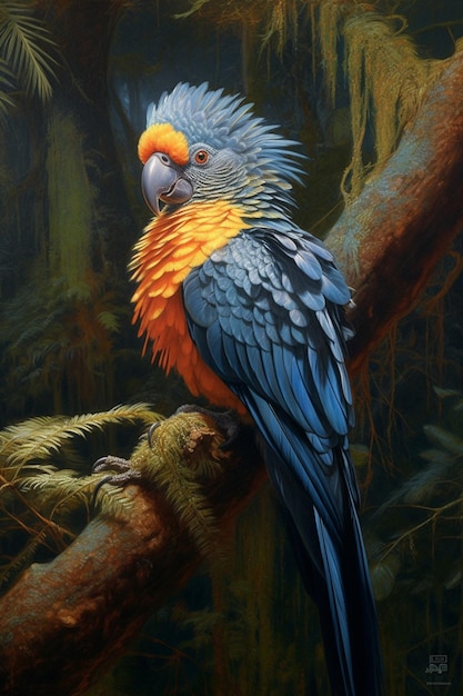 Una pintura de un loro con una pluma azul y amarilla.