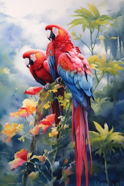 Una pintura de un loro con plumas rojas y azules.