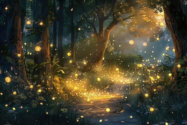 Una pintura de luciérnagas en un bosque por la noche
