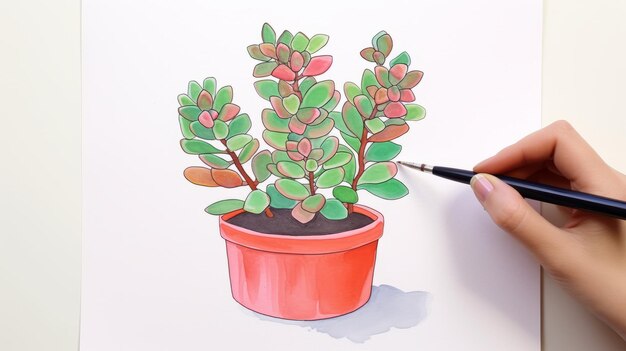 Pintura lúdica en acuarela de una planta en maceta rosada