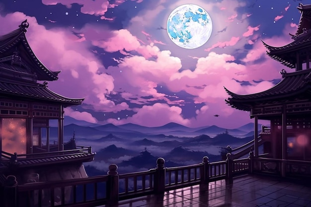 Foto una pintura de una luna y un cielo rosa con una luna en el fondo