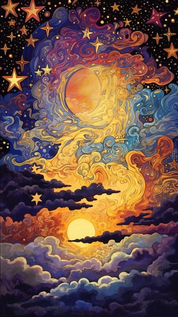 Una pintura de una luna y estrellas con el sol al fondo.