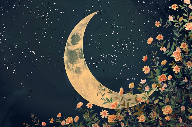 una pintura de una luna y flores con una estrella en la parte superior
