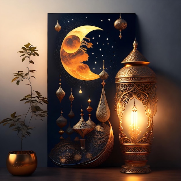 Una pintura de una luna y un jarrón con una planta.