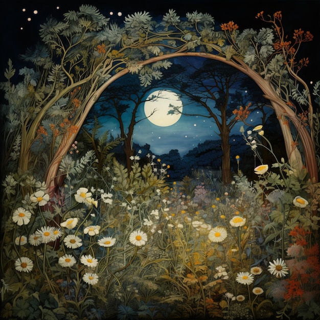 pintura de una luna llena en un bosque con flores y árboles ai generativo