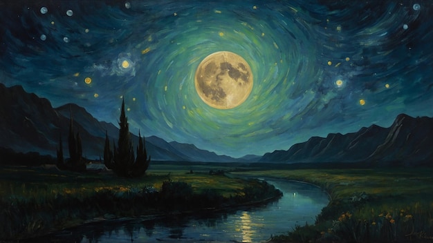 una pintura de una luna llena y las montañas