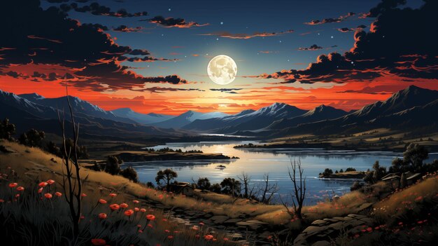 Pintura de una luna llena poniéndose sobre un lago IA generativa