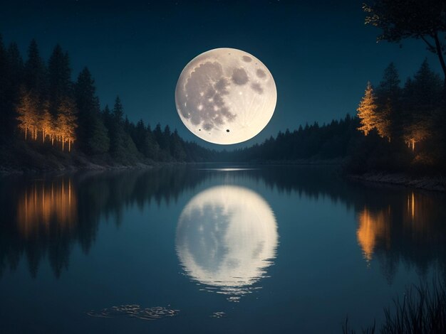 Foto pintura de una luna llena sobre un lago generativo ai