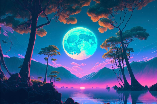 Pintura de una luna llena sobre un lago generativo ai