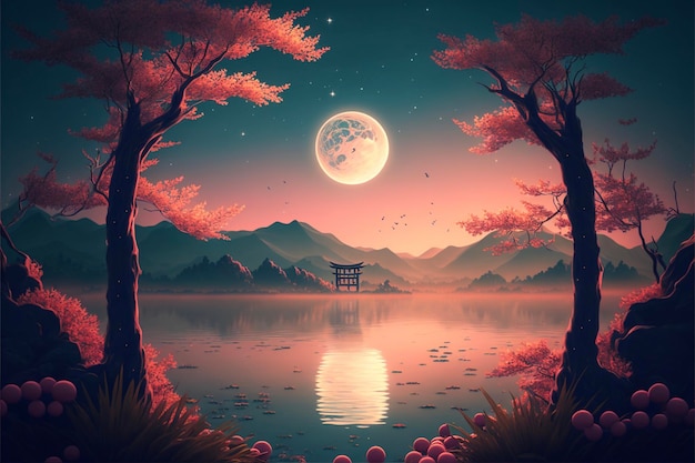 Pintura de una luna llena sobre un lago generativo ai