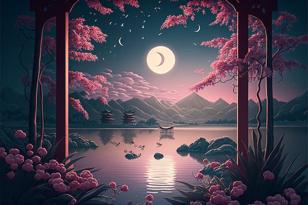 Pintura de una luna llena sobre un lago generativo ai