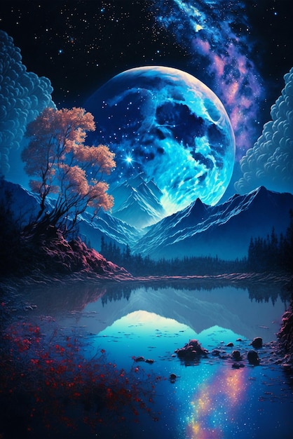 Pintura de una luna llena sobre un lago generativo ai