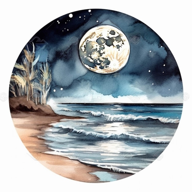 Una pintura de una luna llena sobre el océano con una playa generativa ai