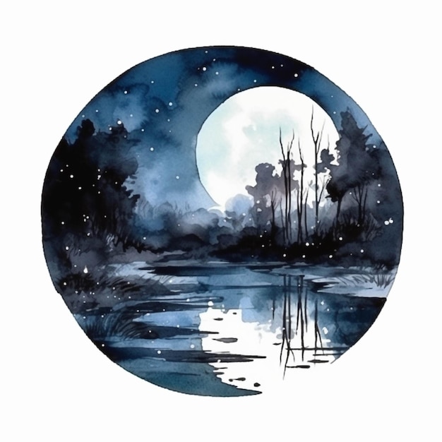 Una pintura de una luna llena se ve en el cielo sobre un lago ai generativo