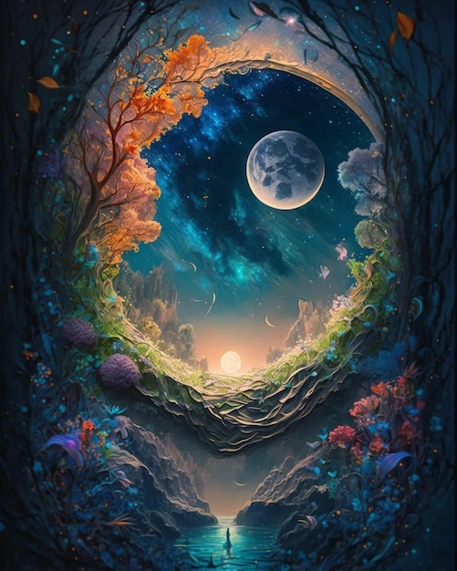 Una pintura de una luna y la luna.