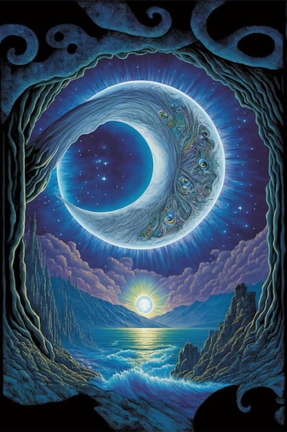 una pintura de una luna y una media luna en una cueva ai generativa
