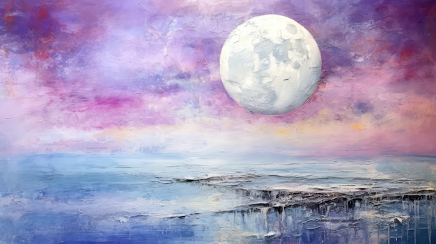 Una pintura de una luna sobre un cuerpo de agua.