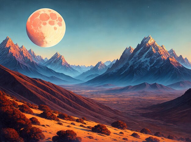 Foto pintura de la luna sobre las montañas