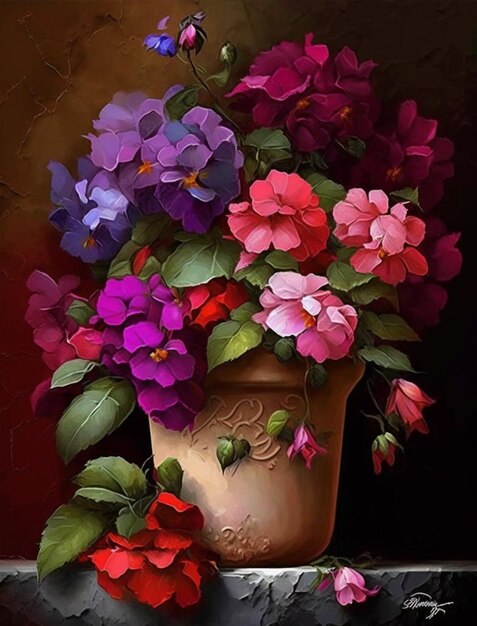 Una pintura de una maceta de flores con la palabra pensamientos en ella.