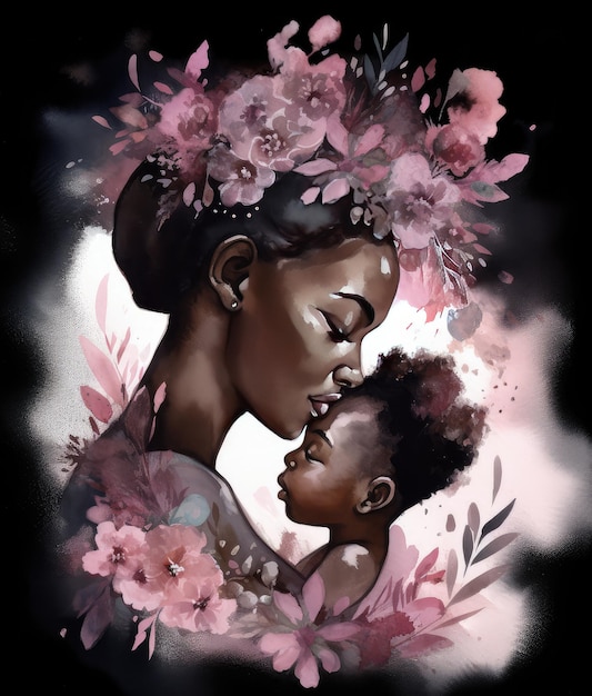 Una pintura de una madre y un bebé con flores.