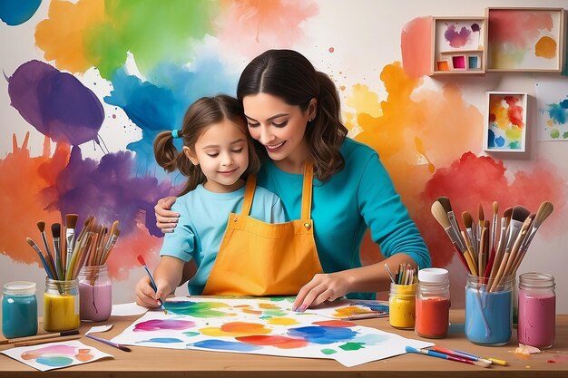 una pintura de madre e hija con un fondo colorido