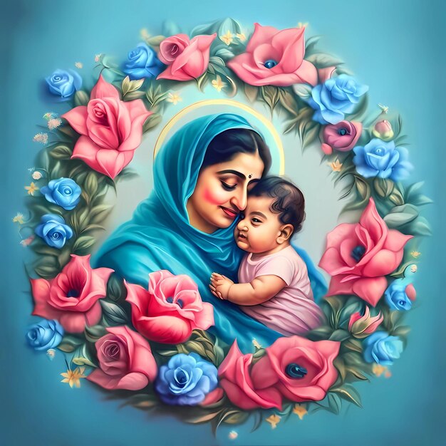 Una pintura de una madre y un niño con una corona de flores.