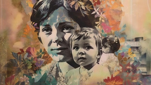 Una pintura de una madre y un niño con flores en el fondo.