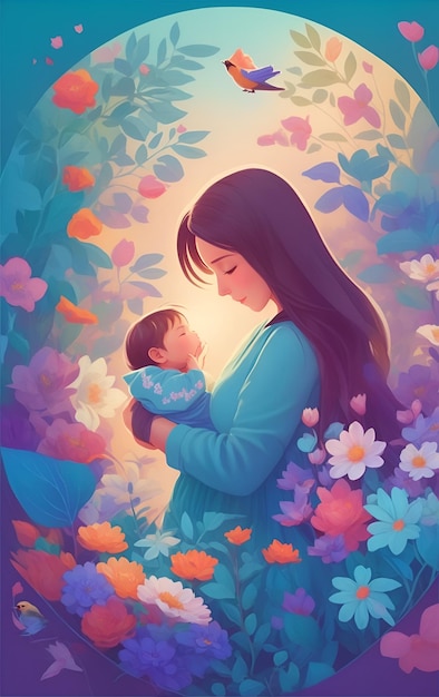 Una pintura de una madre y su bebé.